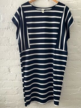 LARA Womens Blue White Stripped Midi Dress Short Sleeve Nautical Preppy Size M